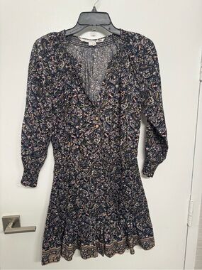 Veronica Beard Navy Paisley Ruffle V-Neck Long Sleeve Dress